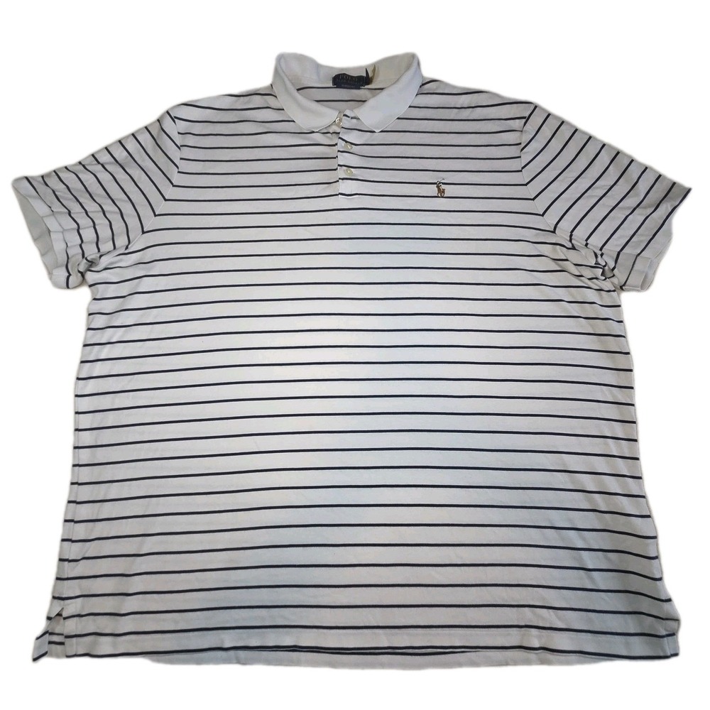 RALPH LAUREN Polo Shirt Men's 2XL White Blue Striped Classic Fit Flesh Pony